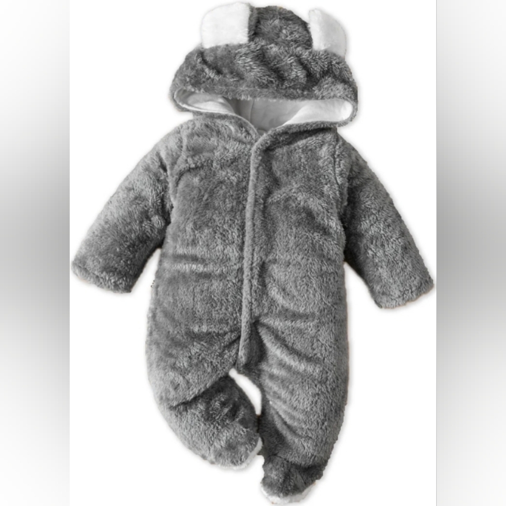 Cozy Gray Fleece Hooded Baby Onesie